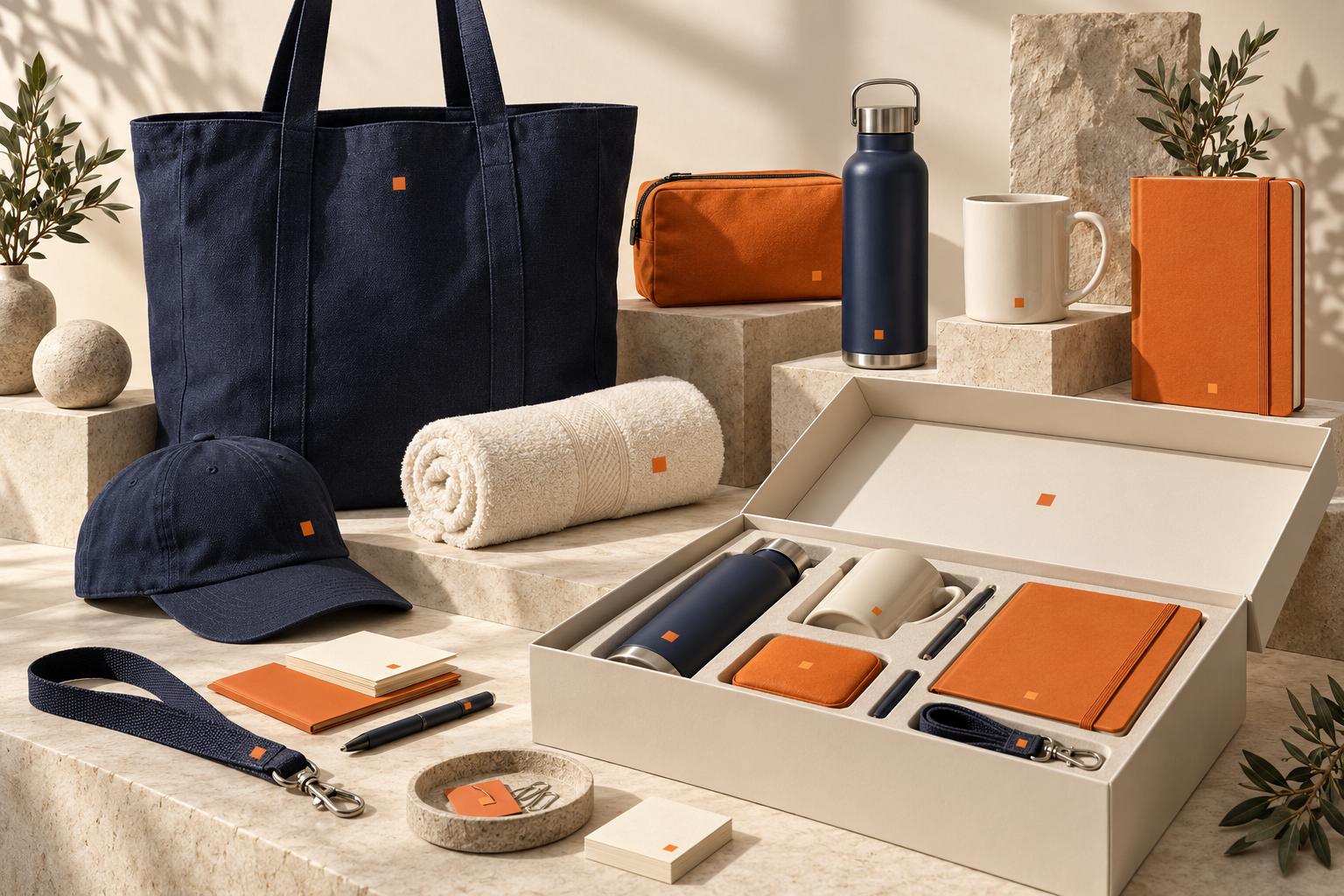 Concept assortment of navy and orange bags, drinkware, stationery and gift packaging